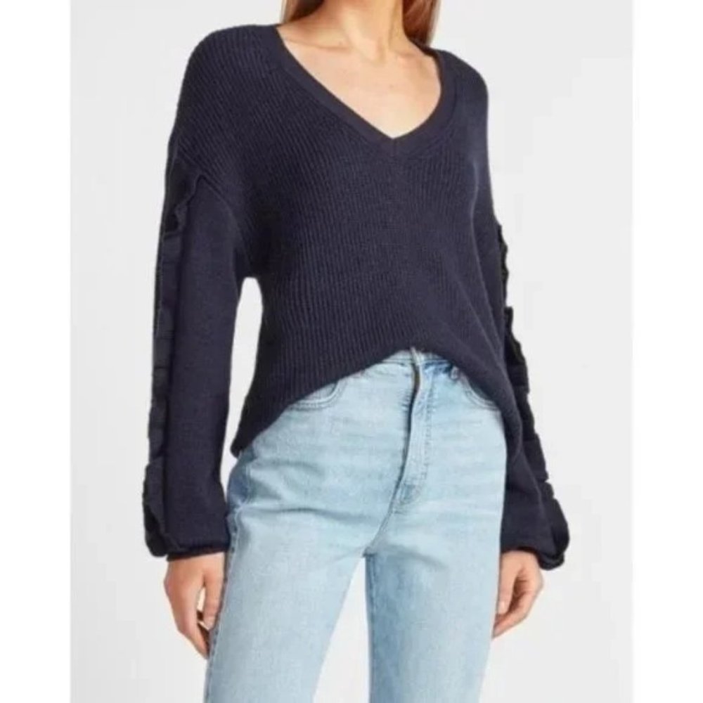 Express Ribbed Ruffle Sleeve V-Neck Sweater XL